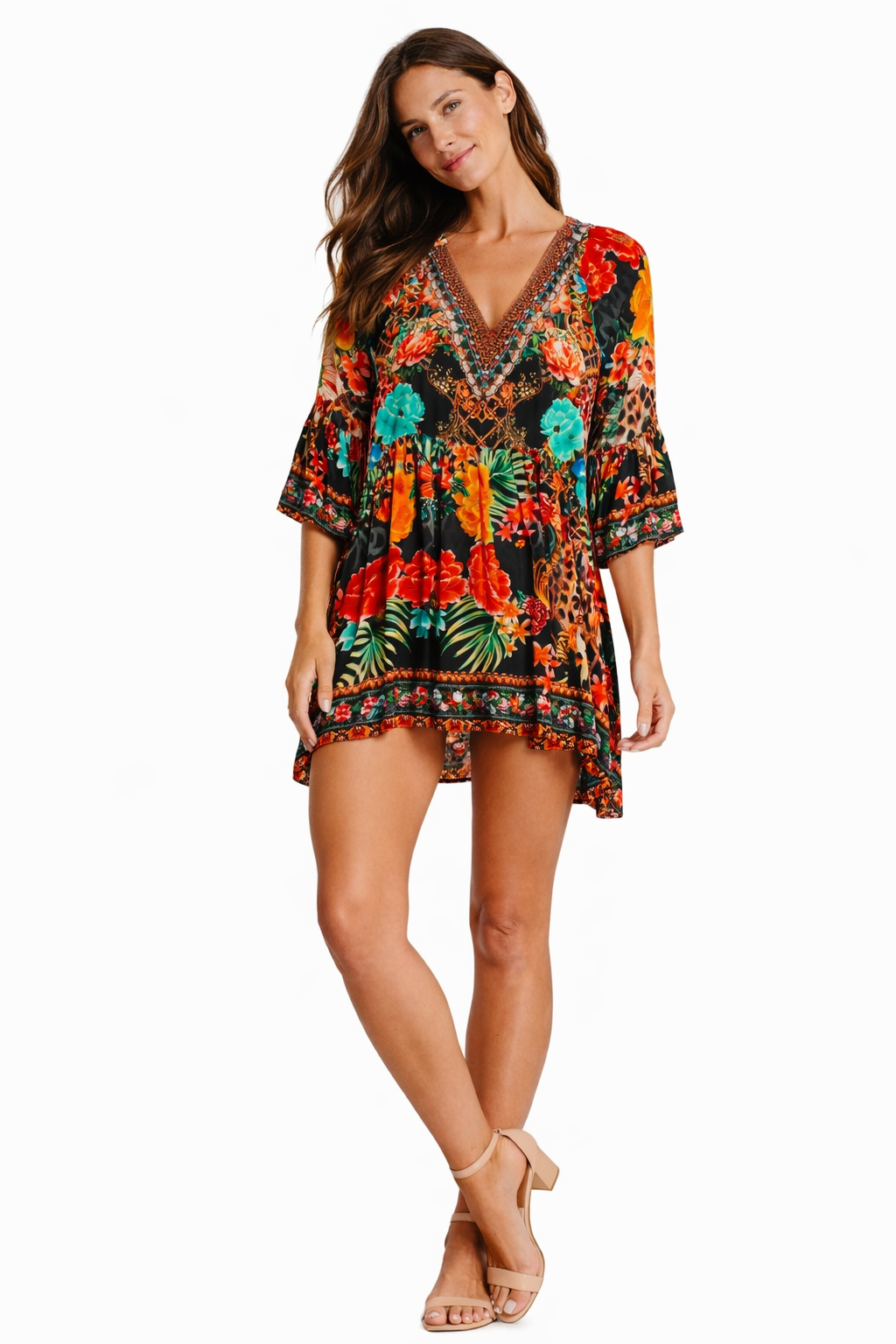 Black Tropical Floral Bell-Sleeve Mini Dress - front view - Club Moda USA luxury resort wear