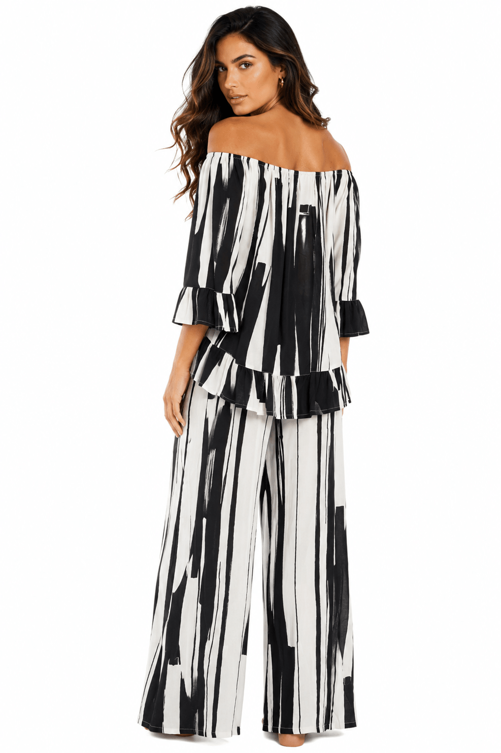 Black & White Brushstroke Off-Shoulder Crop Top & Wide-Leg Pants Set — Two-Piece Resort Outfit - Designer Resort Set | Elegant Kaftan Cover Up Dress | Club Moda USA