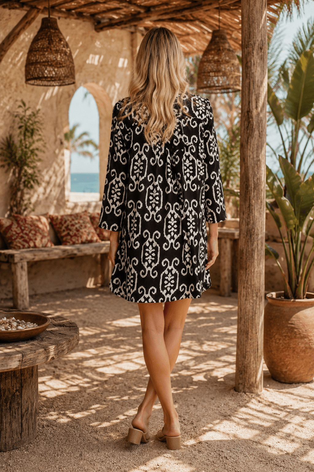 Black & White Scroll Print Shirt Dress Resort Cover-Up