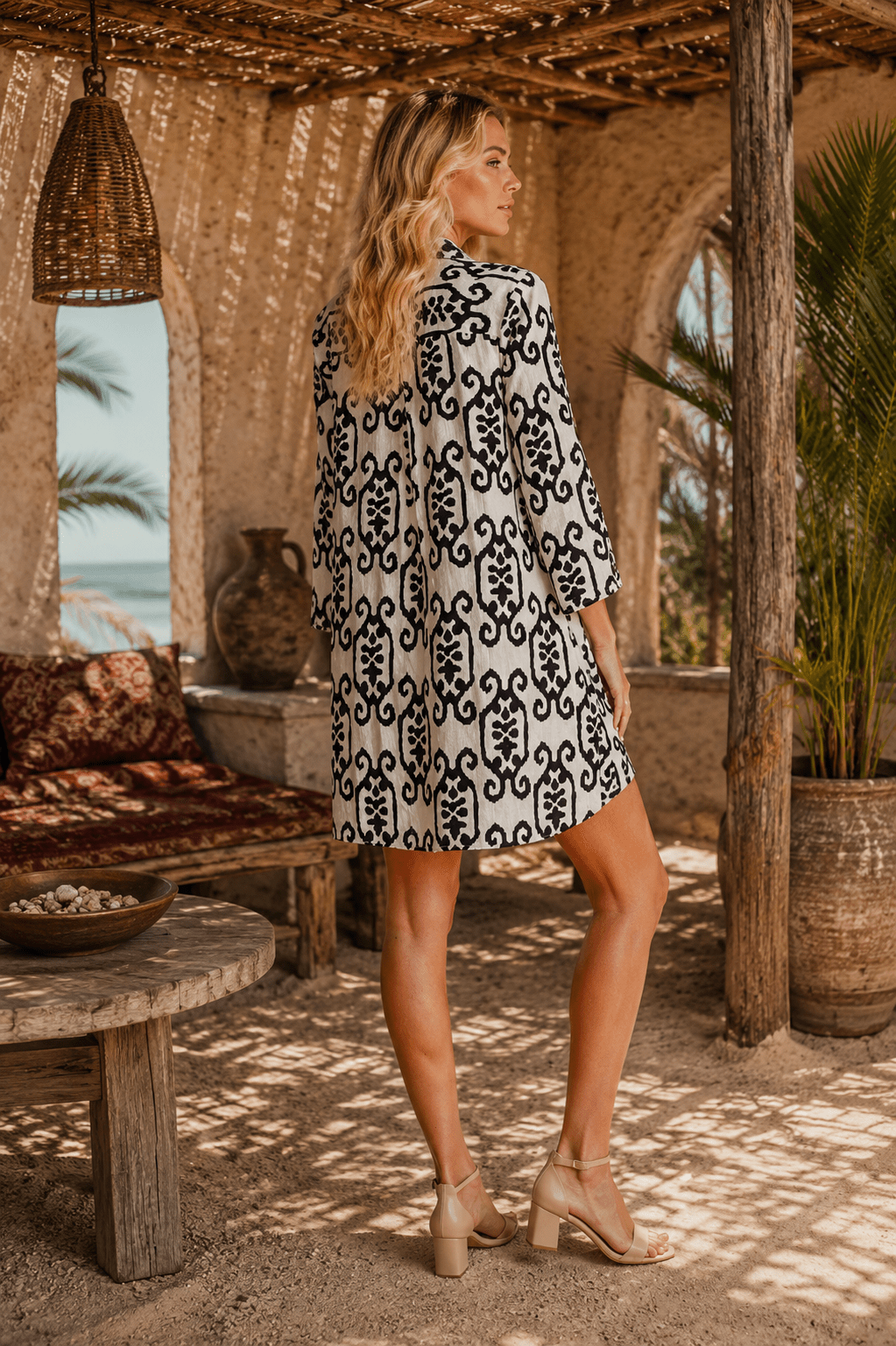 Black & White Scroll Print Shirt Dress Resort Cover-Up