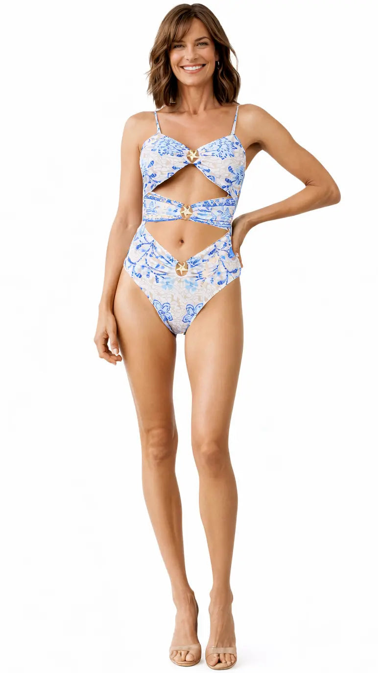 Blue Floral Cut-Out One Piece Swimsuit – Elegant Resort Swimwear - Designer One-Piece Swimsuit | Elegant Kaftan Cover Up Dress | Club Moda USA