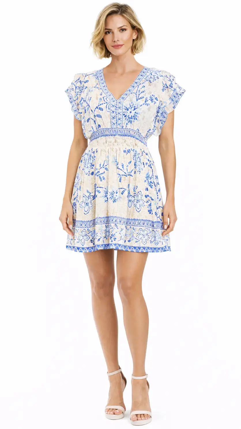 Blue Floral Resort Wear Mini Dress - Designer Mini Dress | Elegant Kaftan Cover Up Dress | Club Moda USA