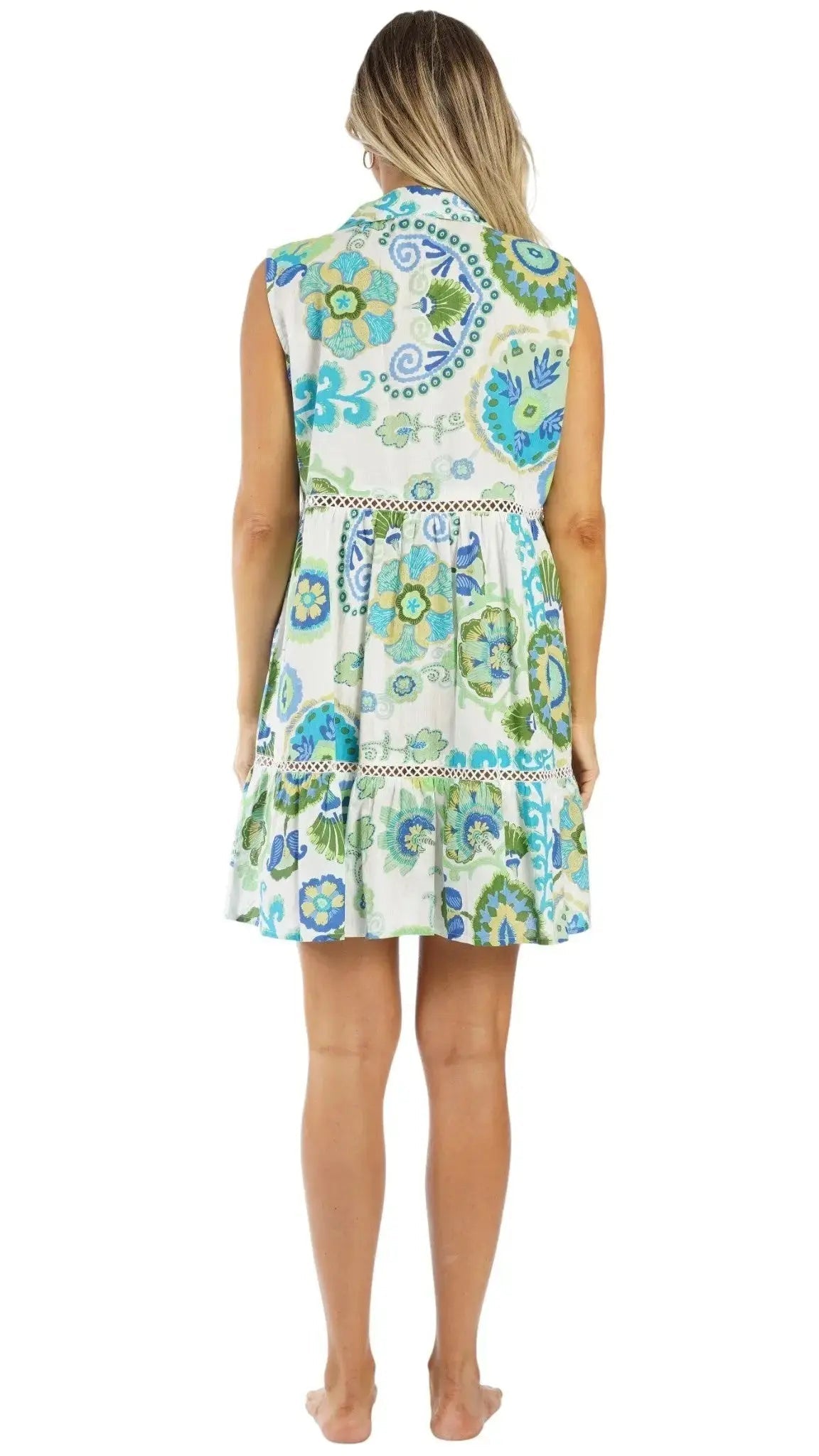 Blue Green Print Resort Mini Dress | Luxury Vacation Dress Club Moda Mini Dress