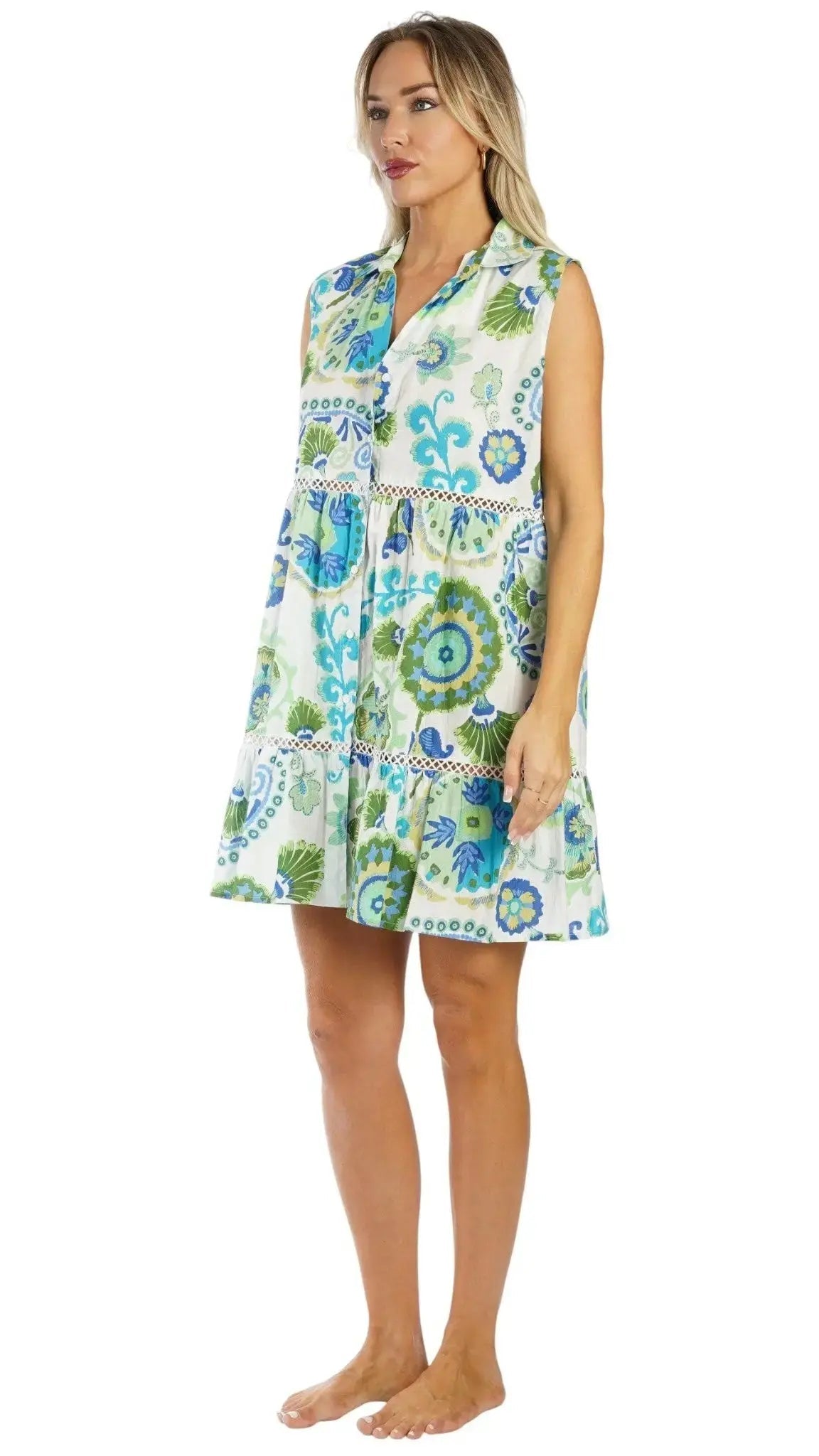 Blue Green Print Resort Mini Dress | Luxury Vacation Dress Club Moda Mini Dress