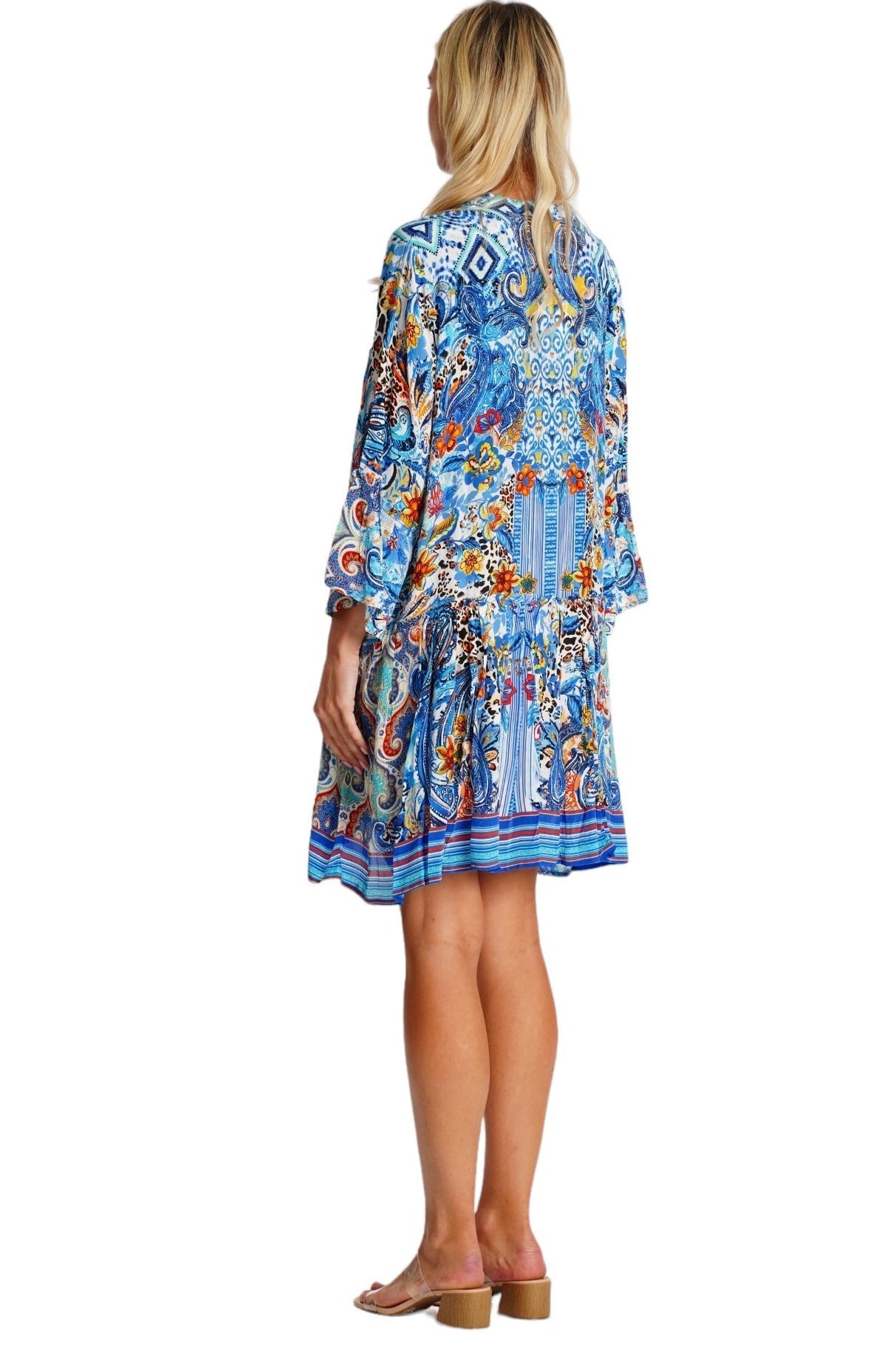 Blue Mosaic Paisley Bell-Sleeve Mini Dress - Designer Mini Dress | Elegant Kaftan Cover Up Dress | Club Moda USA