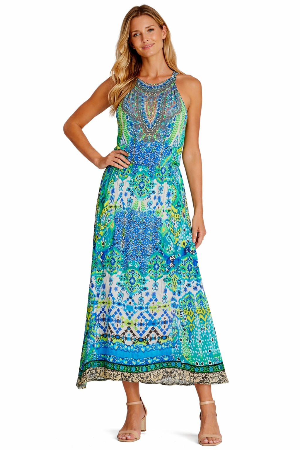 Blue Ombré Tiered Maxi Dress – Tropical Print Vacation Dress - Detail View | Club Moda USA