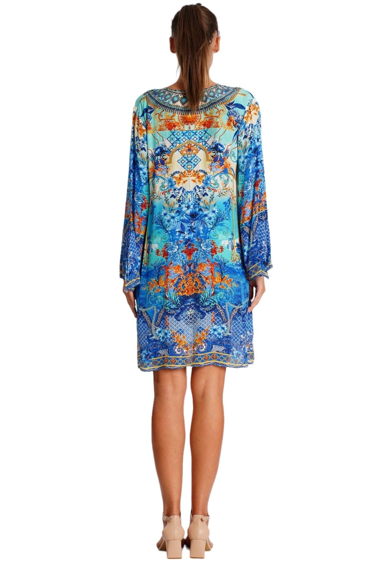 Blue Paisley Mosaic Bell-Sleeve Mini Dress - detail close-up - Club Moda USA vacation dress
