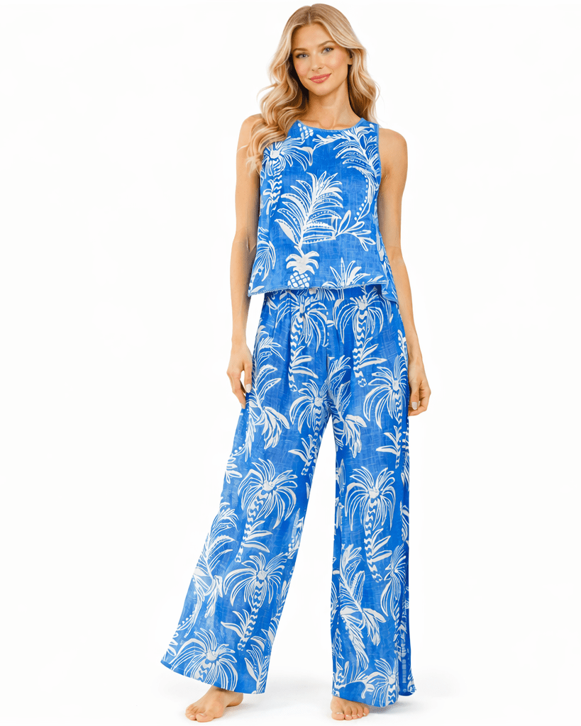 Blue palm-print sleeveless tank with matching wide-leg flared pants — view 1