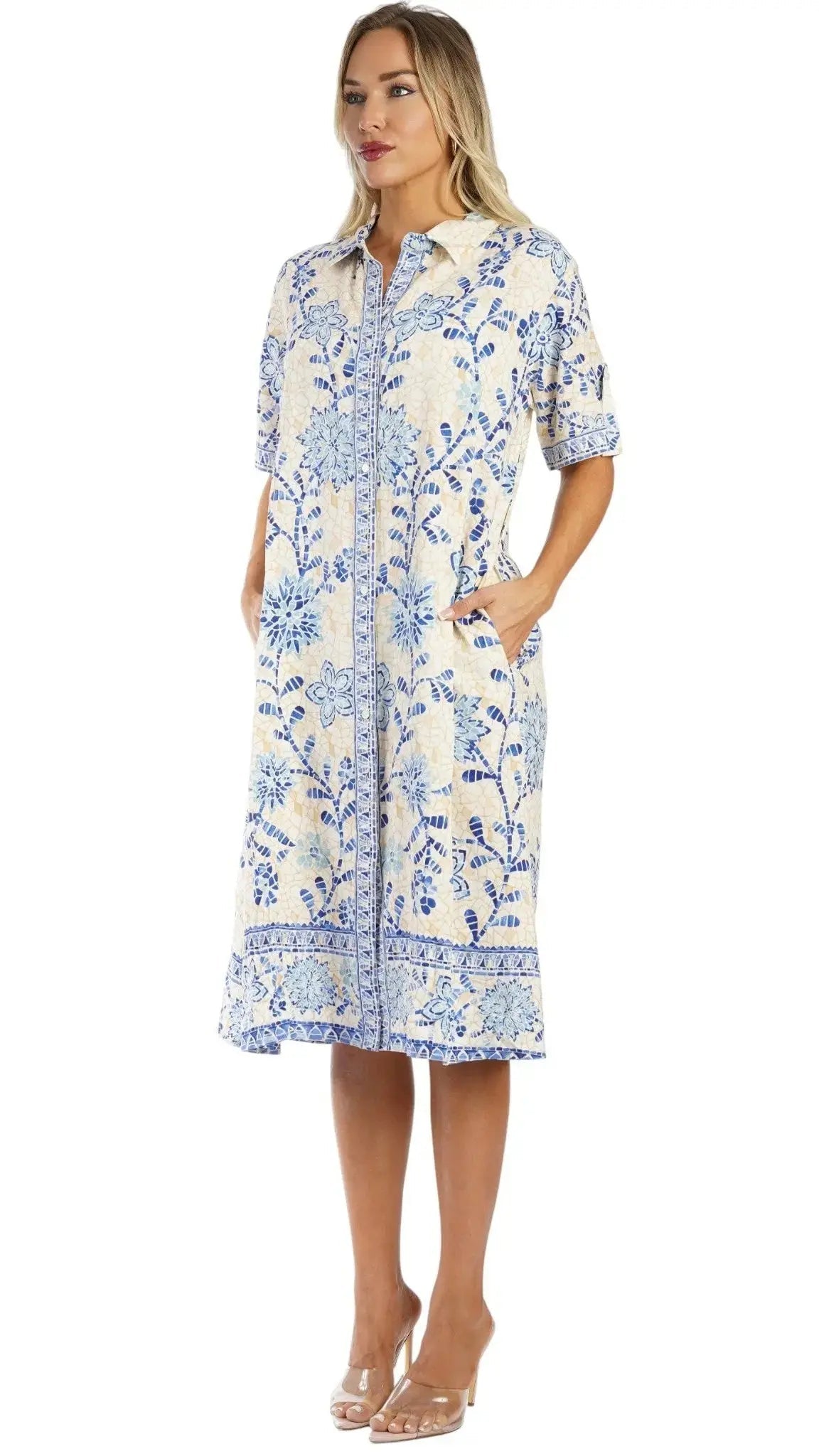 Blue Print Shirt Dress – Luxury Resort Wear Vacation Dress with Pockets - Designer Shirt Dress | Elegant Kaftan Cover Up Dress | Club Moda USA