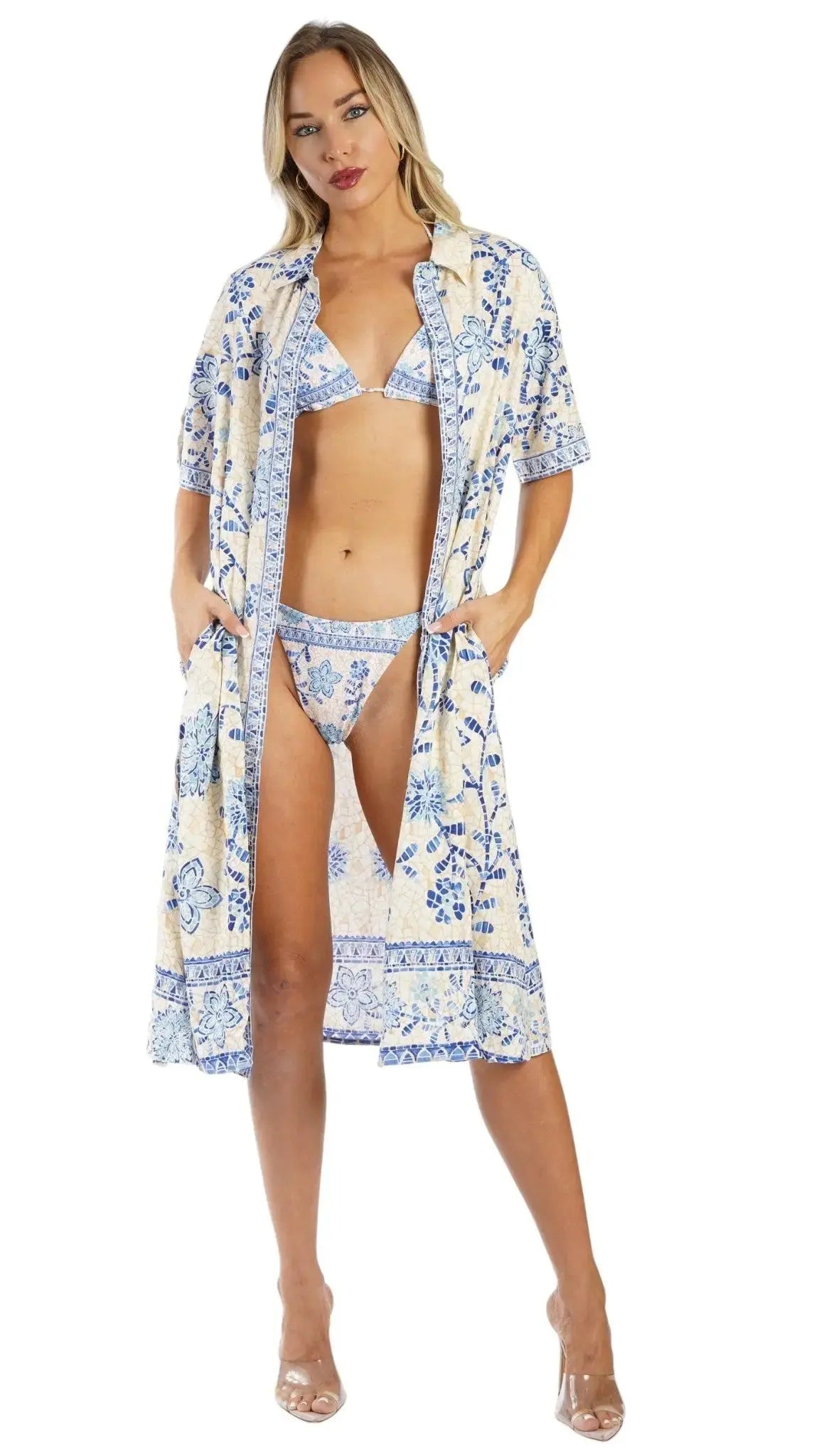 Blue Print Shirt Dress – Luxury Resort Wear Vacation Dress with Pockets Club Moda shirt