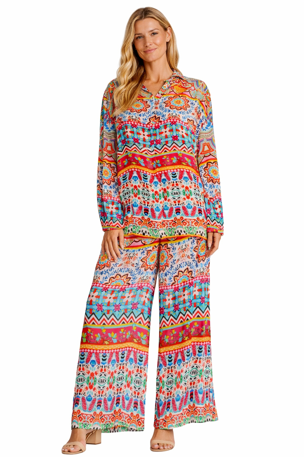 Bohemian Print Co-Ord Set – Colorful Resort Palazzo Pants & Top - Detail View | Club Moda USA