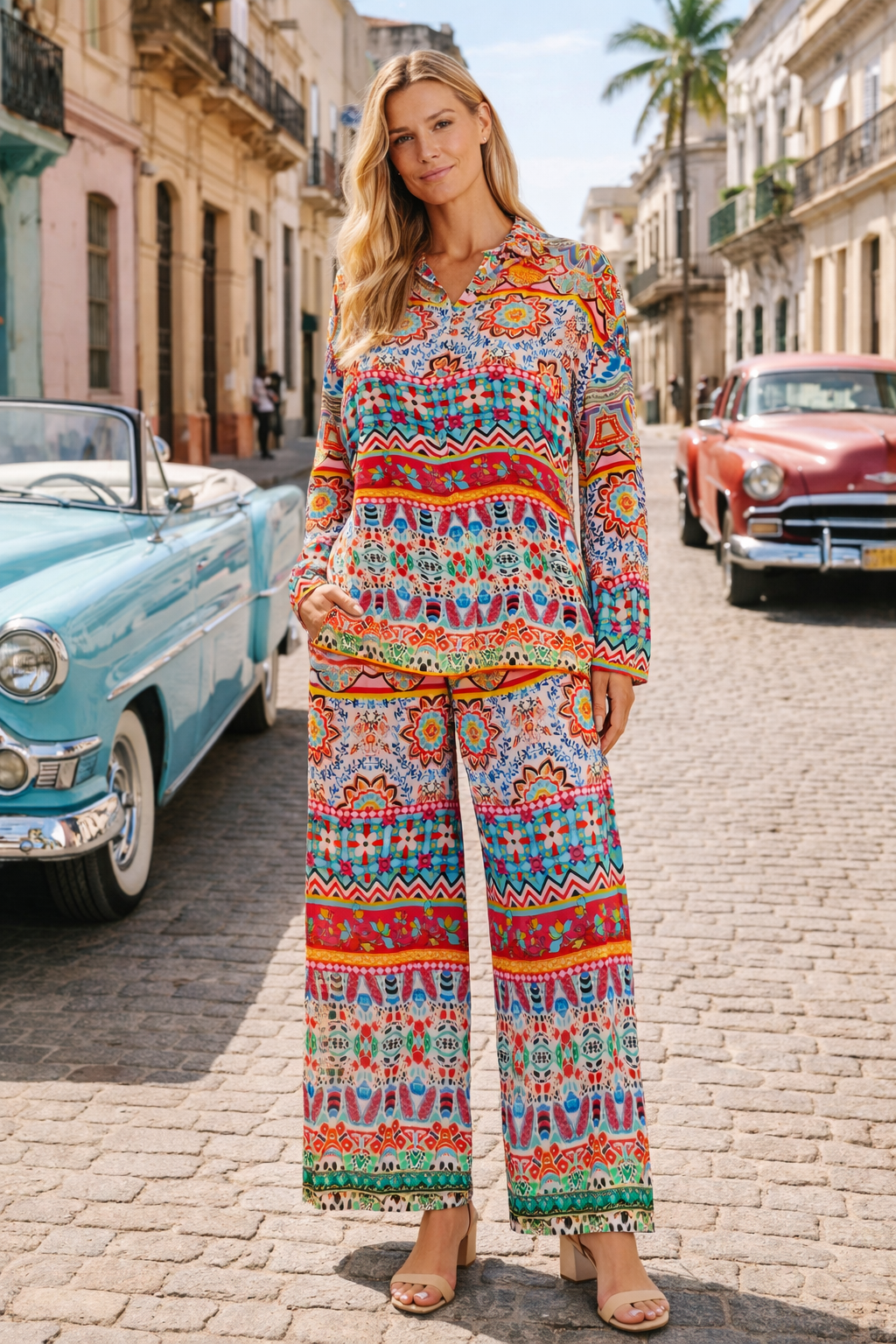 Bohemian Print Co-Ord Set – Colorful Resort Palazzo Pants & Top - Back View | Club Moda USA