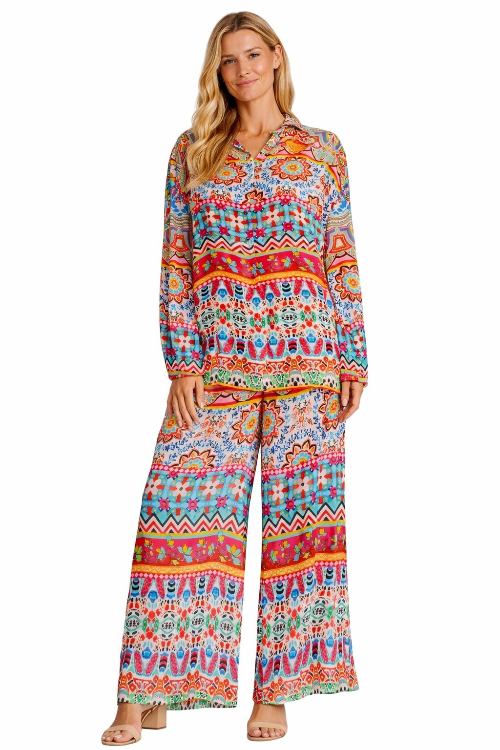 Bohemian Print Co-Ord Set – Colorful Resort Palazzo Pants & Top - Detail View | Club Moda USA