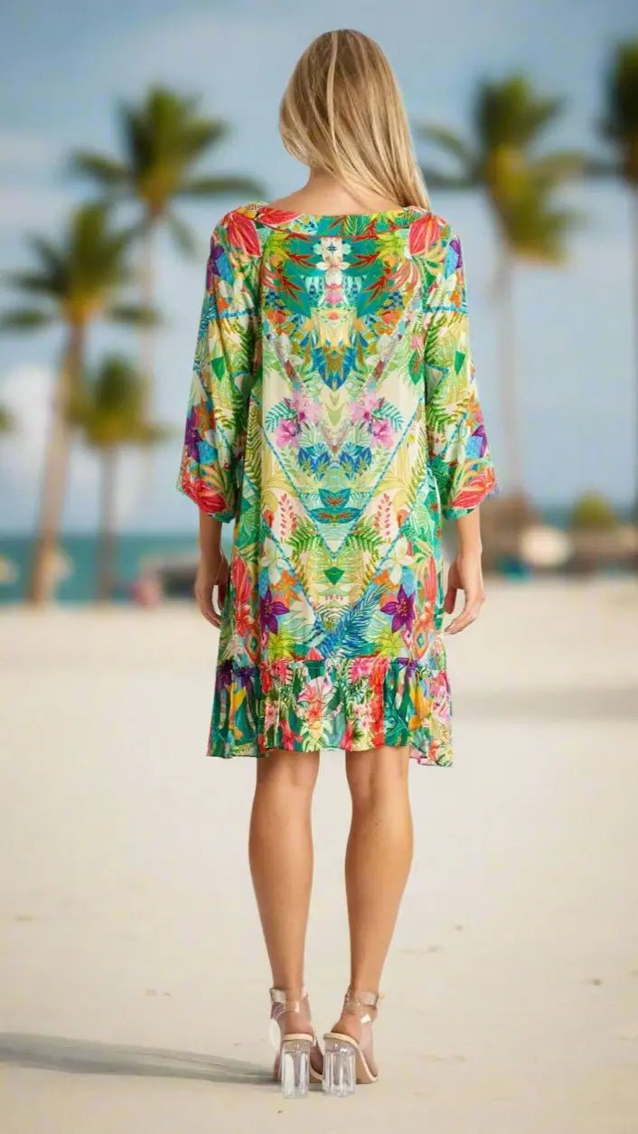 Floral Boho Mini with 3/4 Sleeves - Designer Mini Dress | Elegant Kaftan Cover Up Dress | Club Moda USA