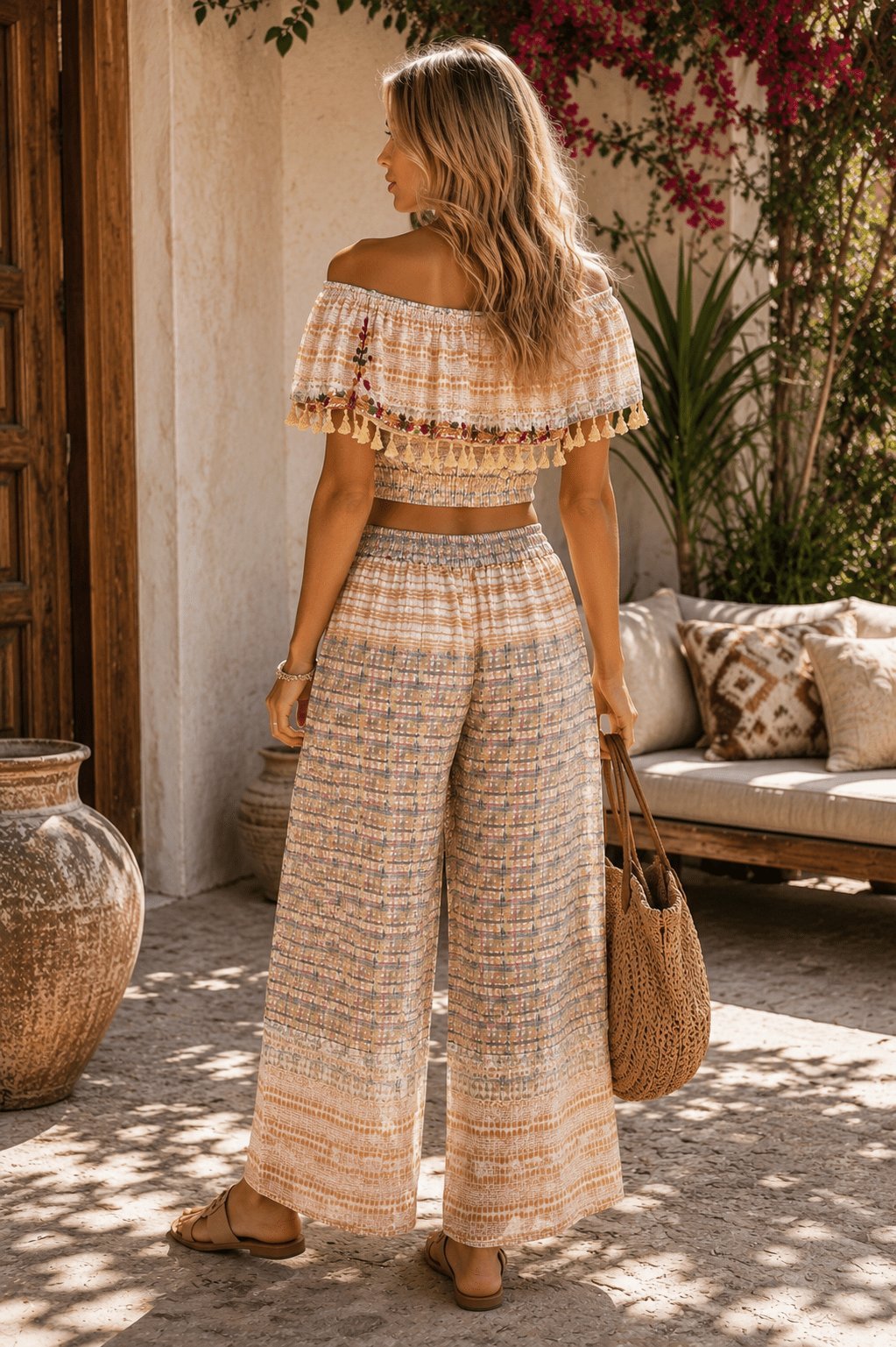 Boho Breeze Embroidered Off-Shoulder Pant Set - Designer Co-ord Set | Elegant Kaftan Cover Up Dress | Club Moda USA