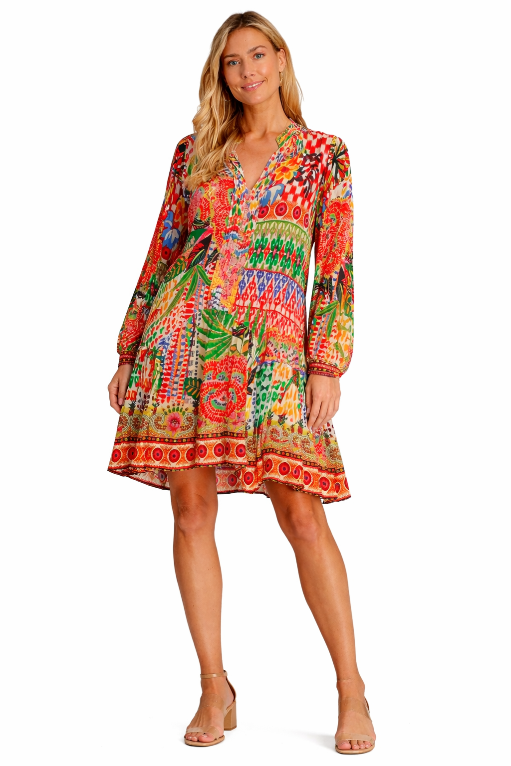 Boho Printed Mini Dress – Tropical Flowy Resort Dress for Women - Detail View | Club Moda USA