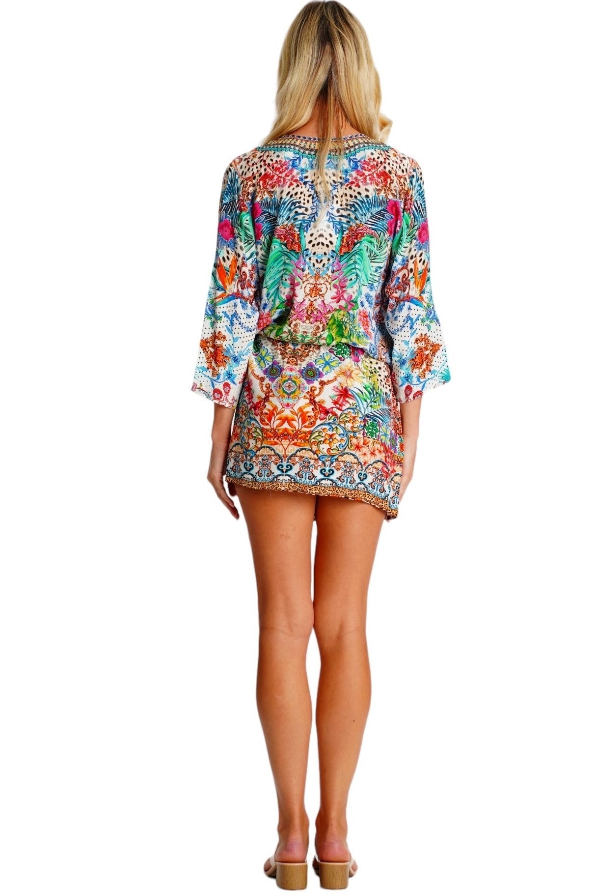 Bold Tropical Print Mini Dress – Colorful Boho Vacation Dress - Side View | Club Moda USA