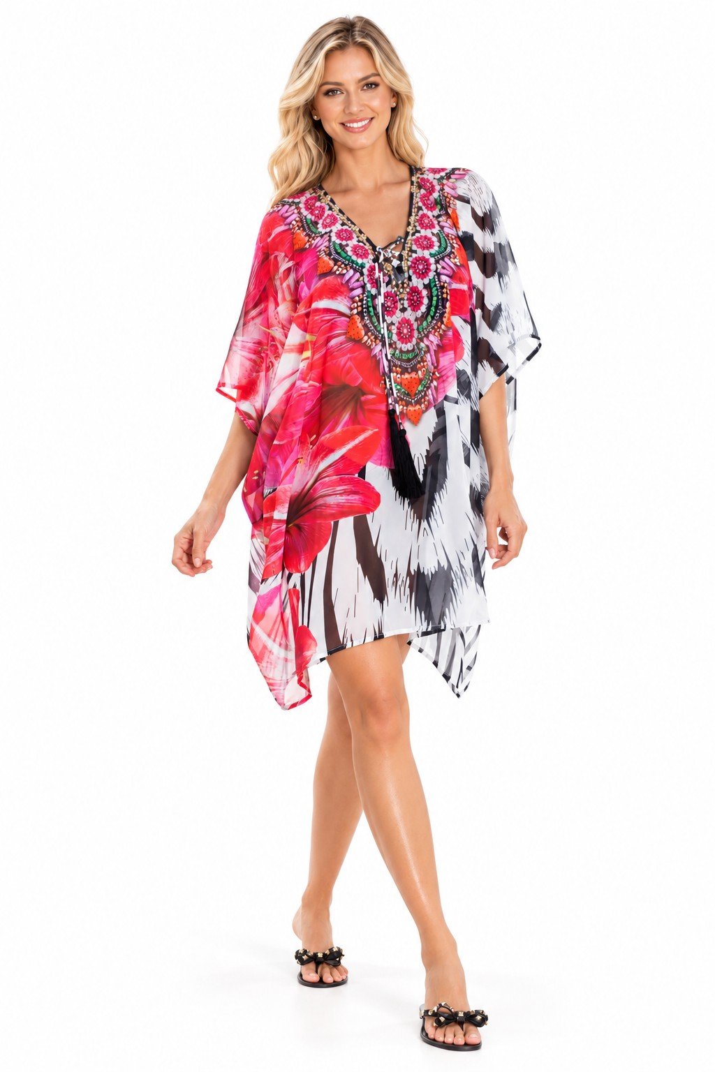 Club Moda floral and zebra print caftan front view on white background - batwing sleeves and handkerchief hem, SKU 191032 RK