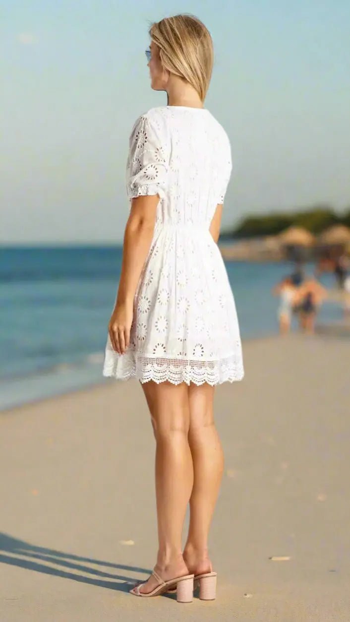 California Coastal White Lace Sexy Mini Dress - Designer Mini Dress | Elegant Kaftan Cover Up Dress | Club Moda USA