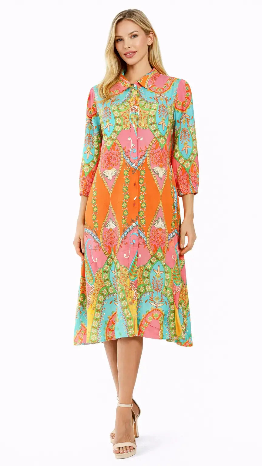Caribbean Print Shirt Dress – Luxury Resort Wear - Designer Shirt Dress | Elegant Kaftan Cover Up Dress | Club Moda USA