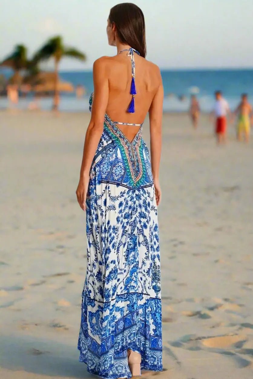 Casual Halter Maxi Dress - Designer Maxi Dress | Elegant Kaftan Cover Up Dress | Club Moda USA
