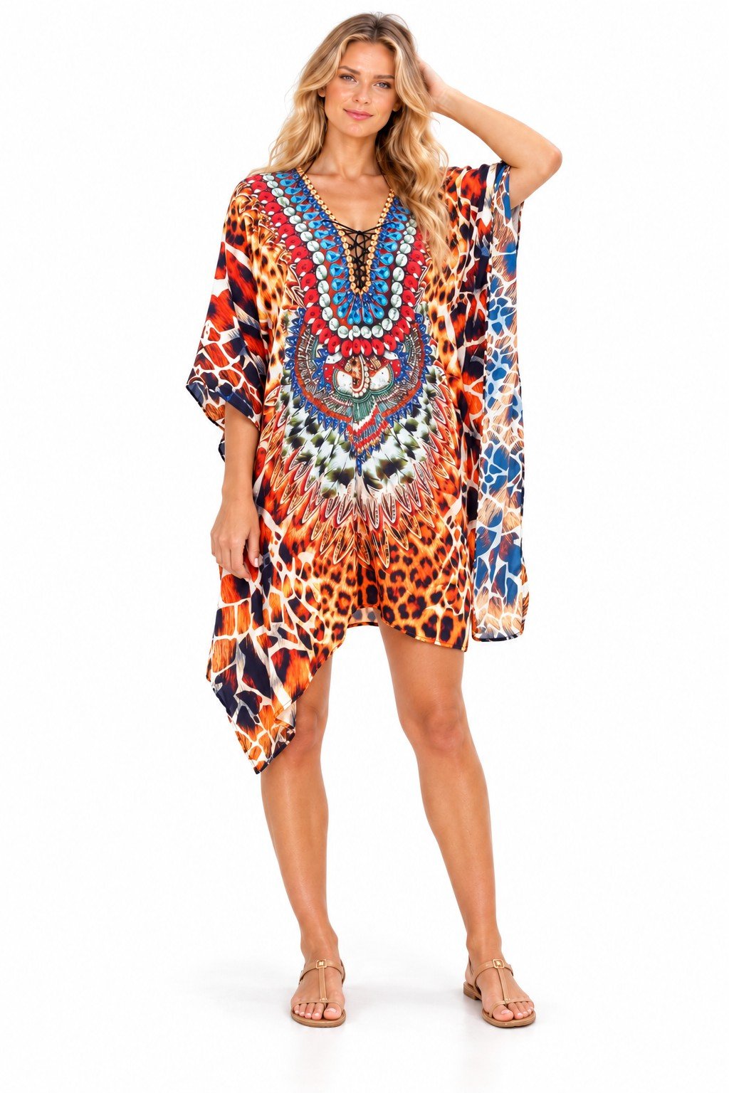 Club Moda cheetah and giraffe print V-neck caftan cover-up LMD-14054, full-length front view on white studio background