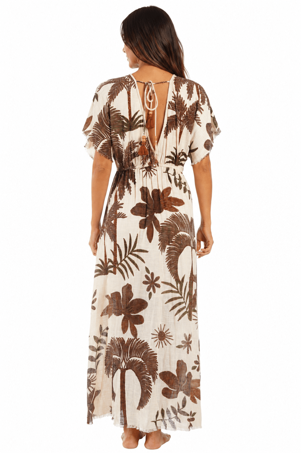 Ivory and chocolate palm-print kimono-sleeve V-neck tie-waist maxi kaftan dress — view 2
