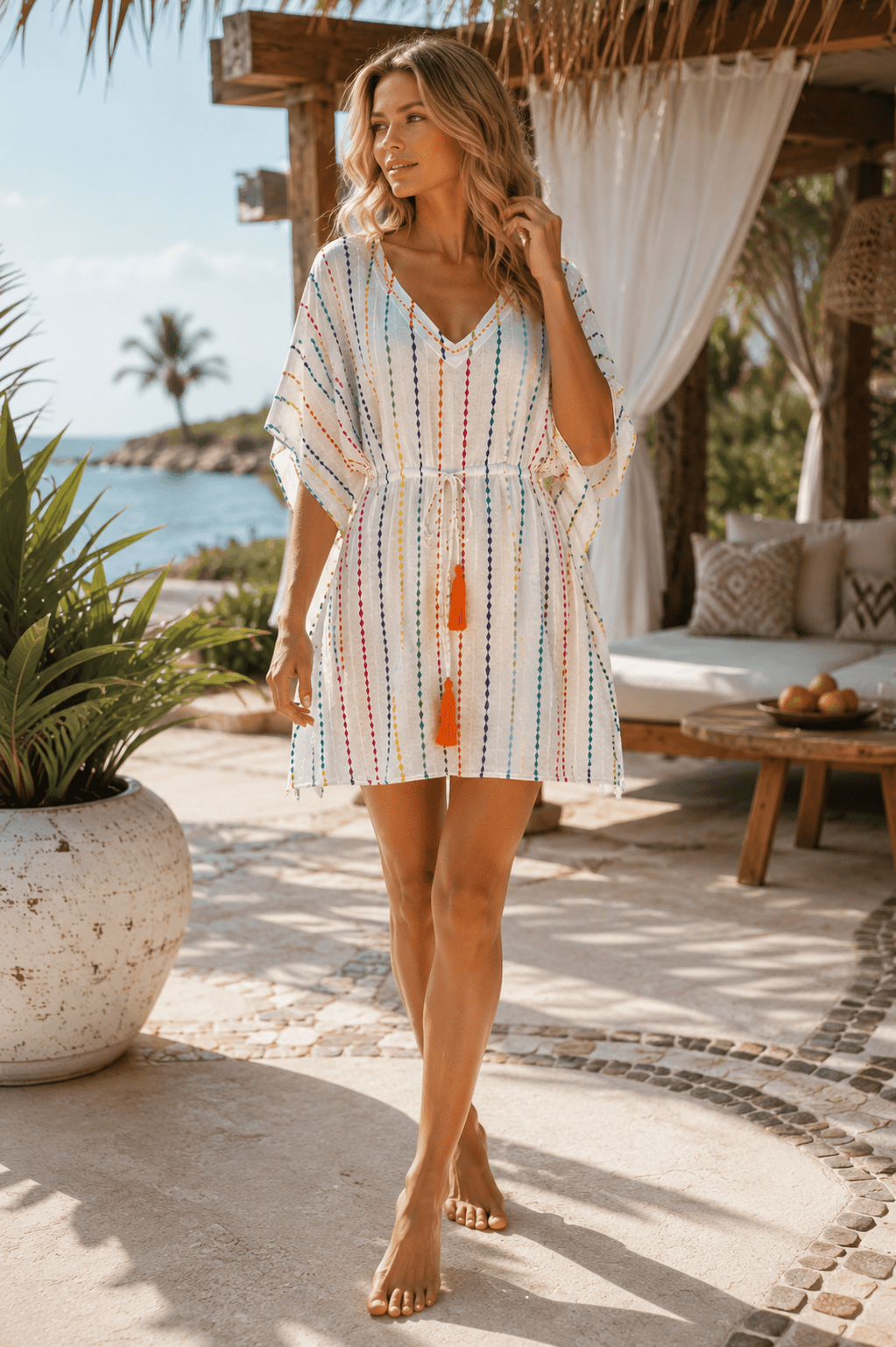 Woman in a colorful striped dress standing on a patio with ocean view