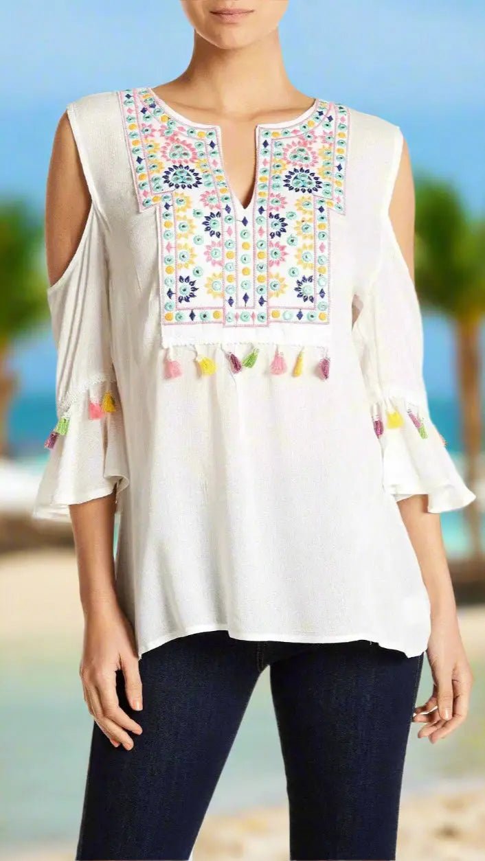 Cold Shoulder Beach Top with Colorful Tassels - Designer Top | Elegant Kaftan Cover Up Dress | Club Moda USA