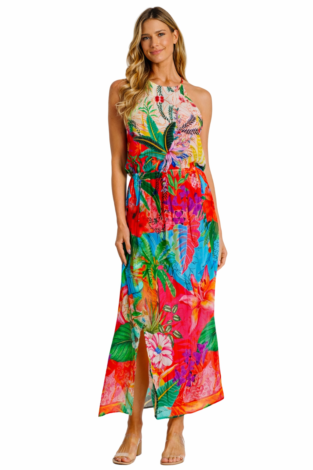 Colorful Strapless Maxi Dress – Tropical Floral Print Resort Wear - Detail View | Club Moda USA