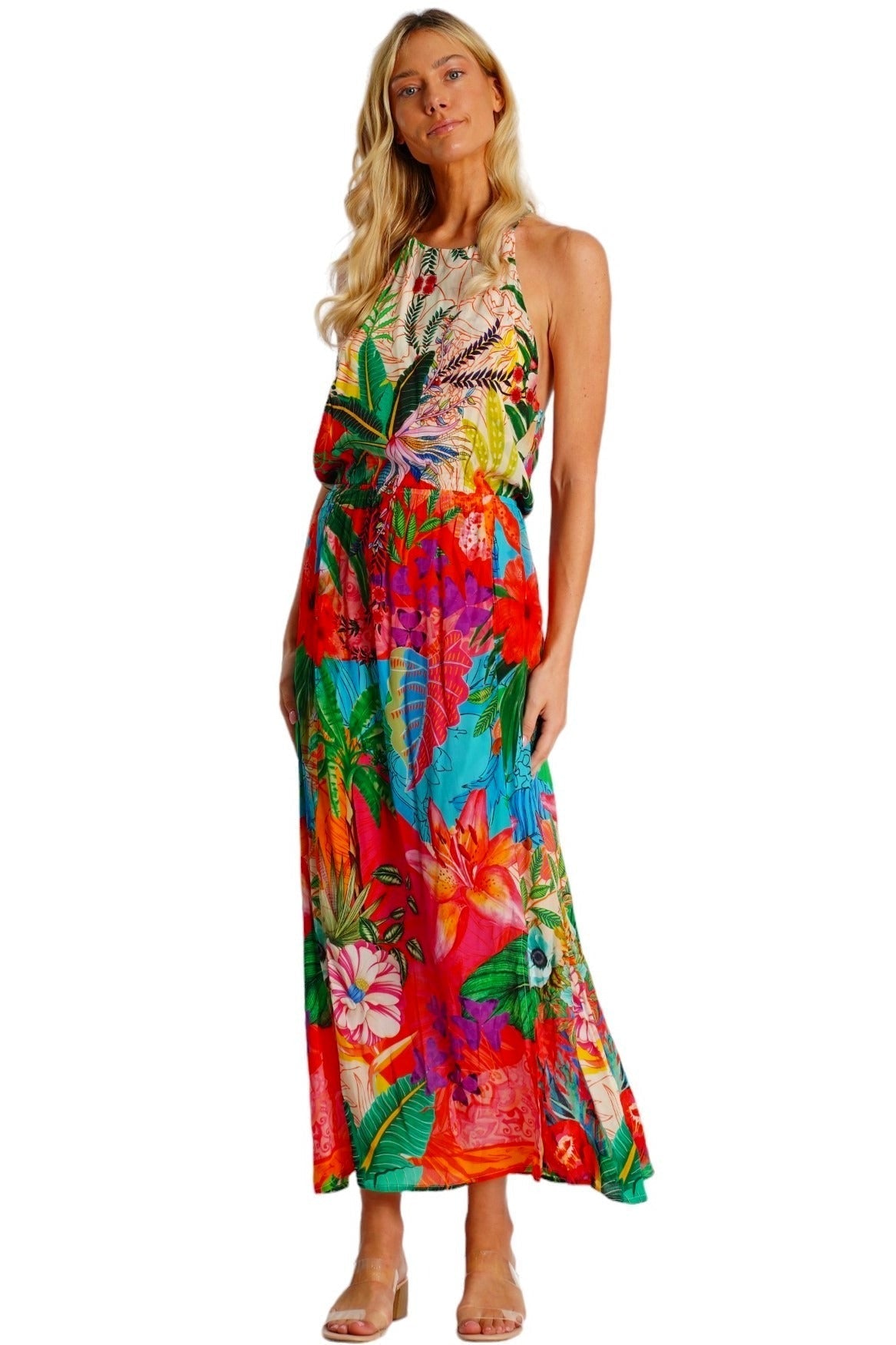 Colorful Strapless Maxi Dress – Tropical Floral Print Resort Wear - Style View | Club Moda USA