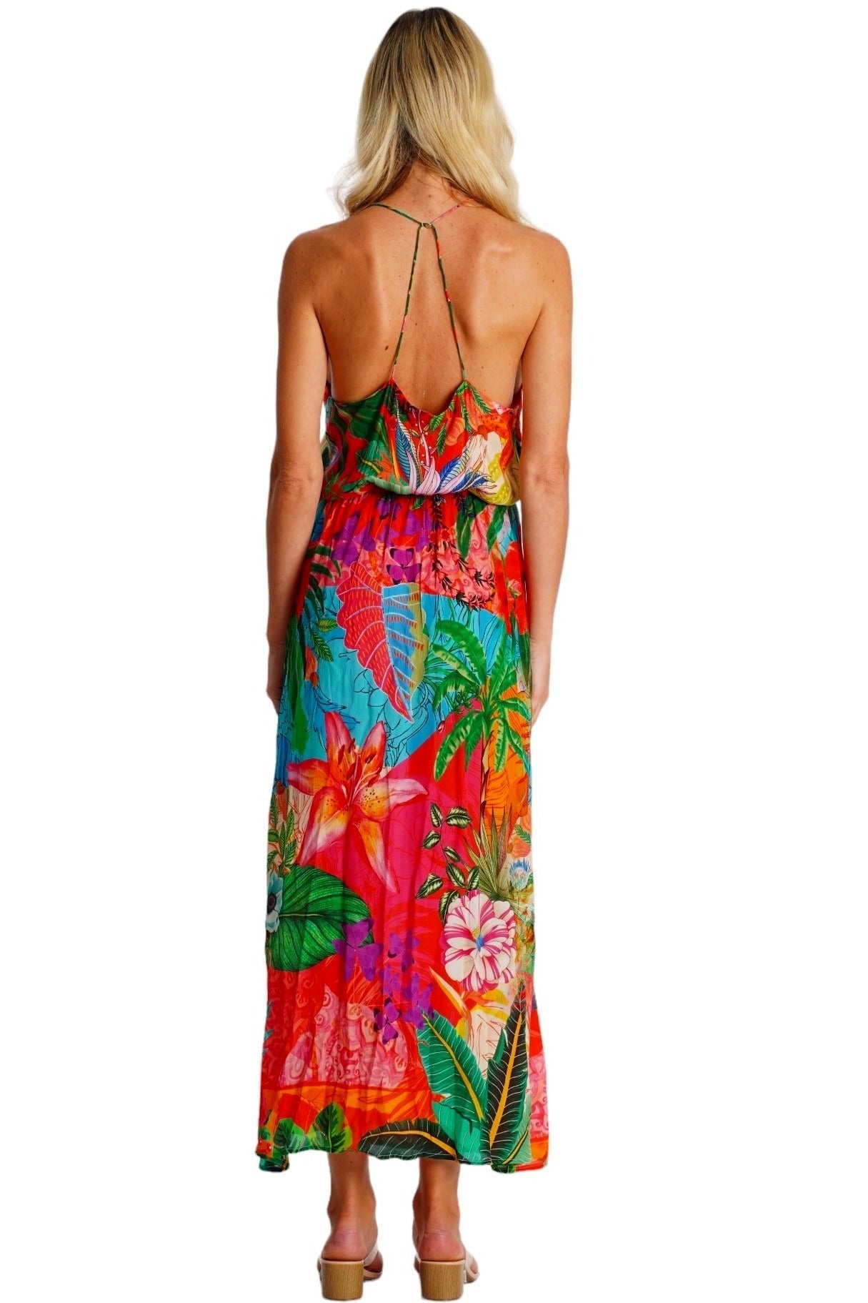 Colorful Strapless Maxi Dress – Tropical Floral Print Resort Wear - Side View | Club Moda USA