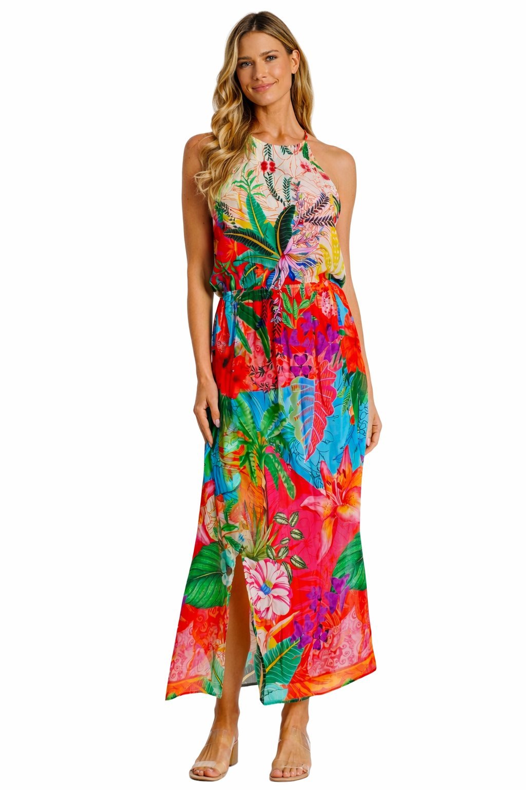 Colorful Strapless Maxi Dress – Tropical Floral Print Resort Wear - Detail View | Club Moda USA