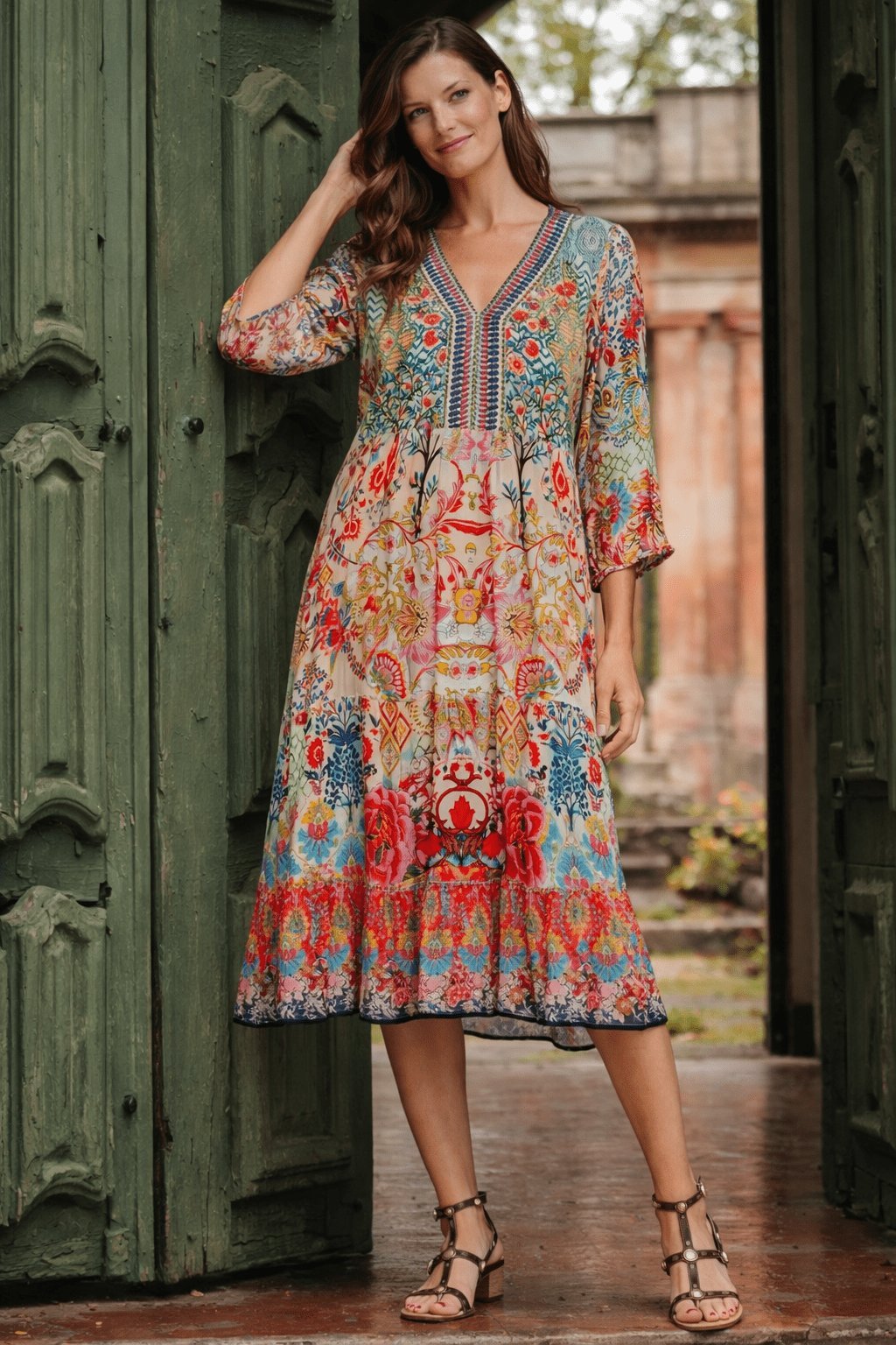 Cream Multicolor Folk-Art Boho Midi Dress - Premium Resort Wear | Luxury Midi Dress for Vacation & Cruise | Club Moda