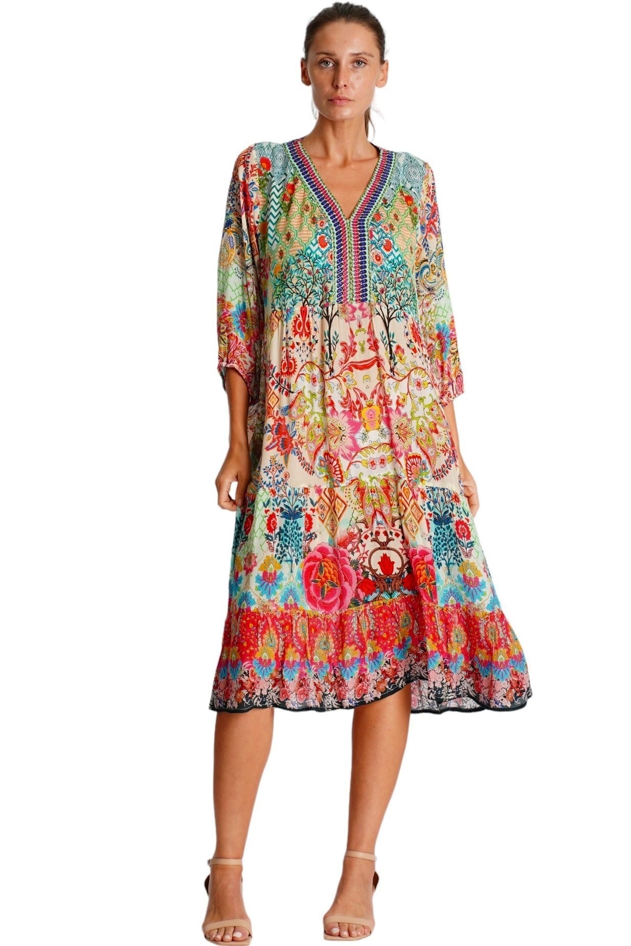 Cream Multicolor Folk-Art Boho Midi Dress - front view - Club Moda USA luxury resort wear
