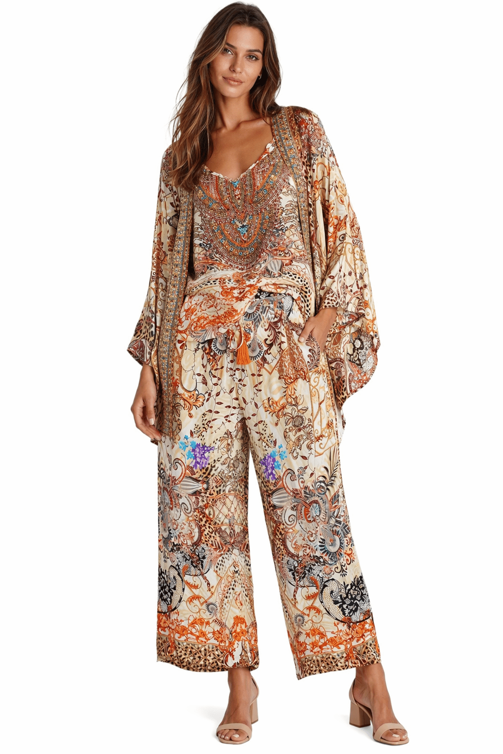 Cream Paisley Baroque Resort Co-Ord Set - front view - Club Moda USA luxury resort wear