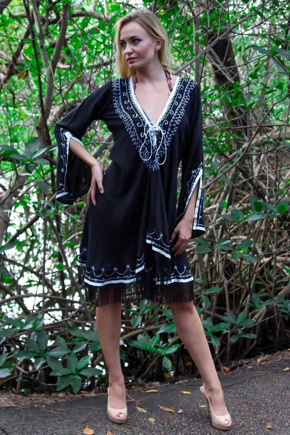 Cross Ties Embroidered Tunic Cover Up Dress – Tassels & Ties - Premium Resort Wear | Luxury Cover-Up for Vacation & Cruise | Club Moda