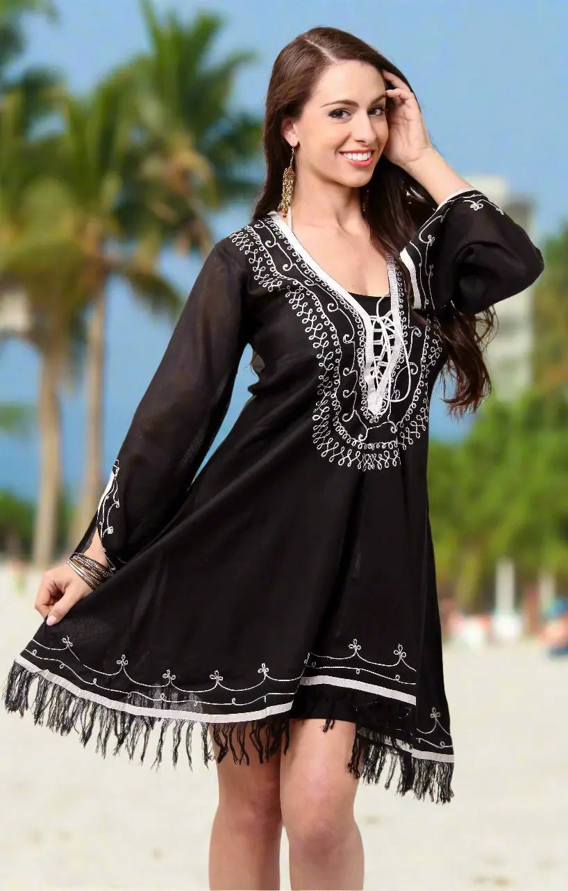 Cross Ties Embroidered Tunic Cover Up Dress – Tassels & Ties - Designer Cover-Up | Elegant Kaftan Cover Up Dress | Club Moda USA
