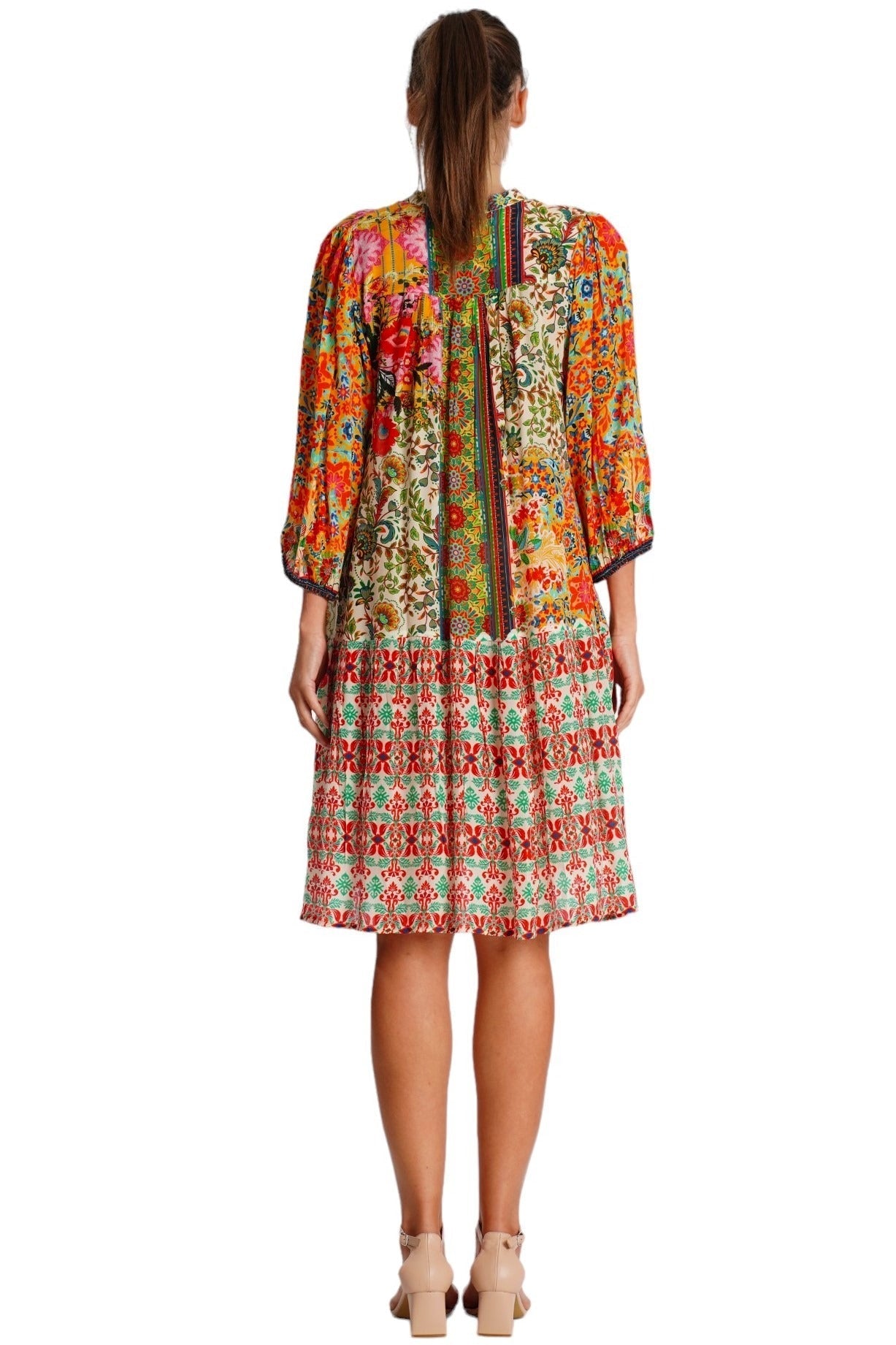 Earth Tone Bohemian Mini Dress – Floral Border Print Resort Dress - Side View | Club Moda USA