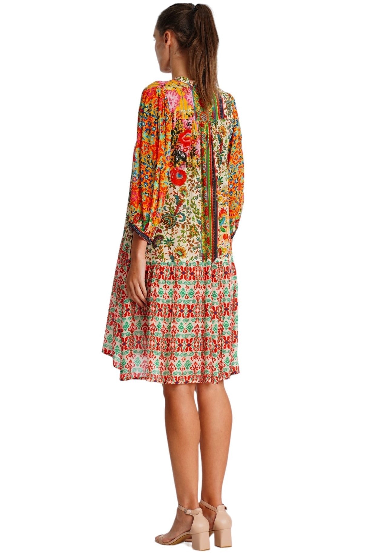 Earth Tone Bohemian Mini Dress – Floral Border Print Resort Dress - Designer Mini Dress | Elegant Kaftan Cover Up Dress | Club Moda USA