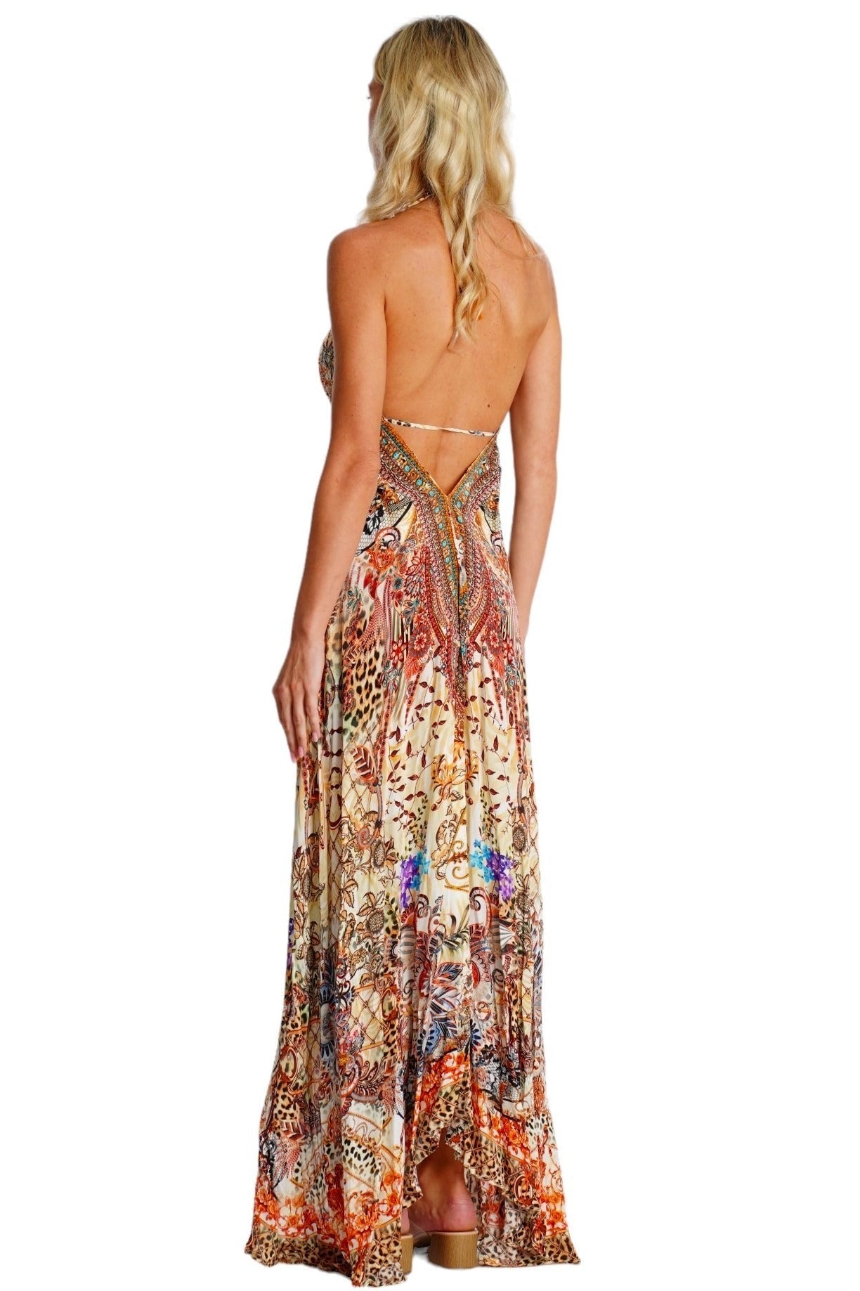 Earth Tone Leopard Floral Print Maxi Dress – Embellished Resort Wear for Women - Designer Maxi Dress | Elegant Kaftan Cover Up Dress | Club Moda USA