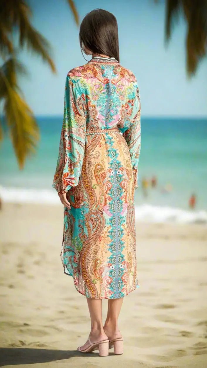 Button-Front Floral Shirtdress - Designer Shirt Dress | Elegant Kaftan Cover Up Dress | Club Moda USA