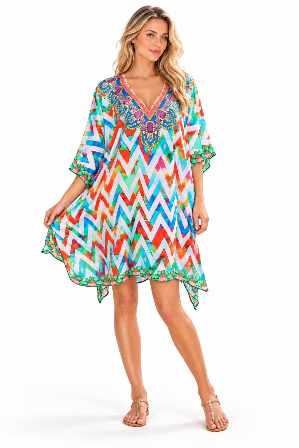 Club Moda chevron print V-neck caftan dress 14023 RK, full-length front view on white studio background