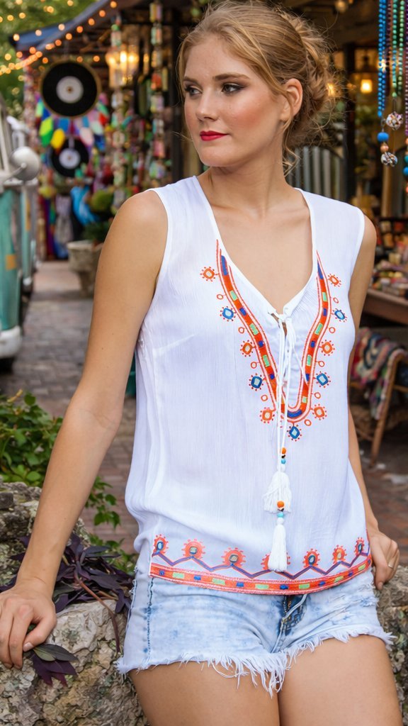 Boho print top with embroidery, cut for warm-weather beach and resort days