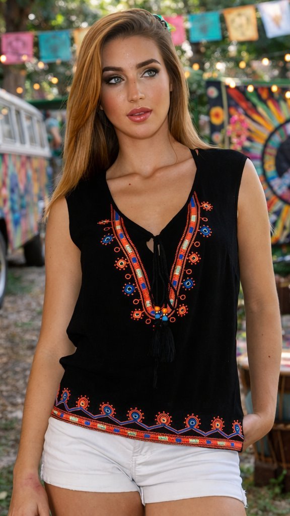 Boho print top with embroidery, cut for warm-weather beach and resort days, another angle
