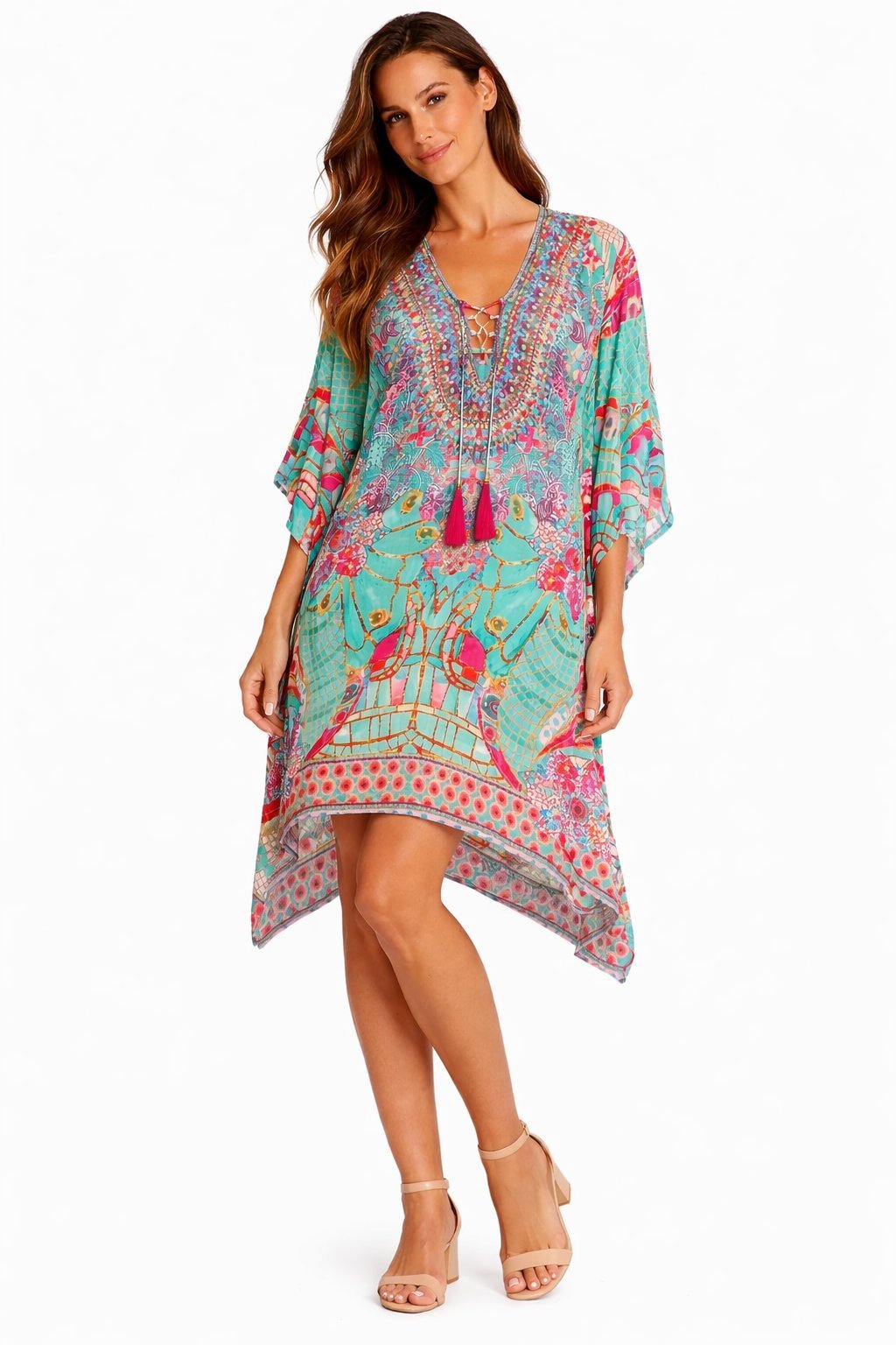 Tropical-print kaftan dress with a long silhouette, additional view