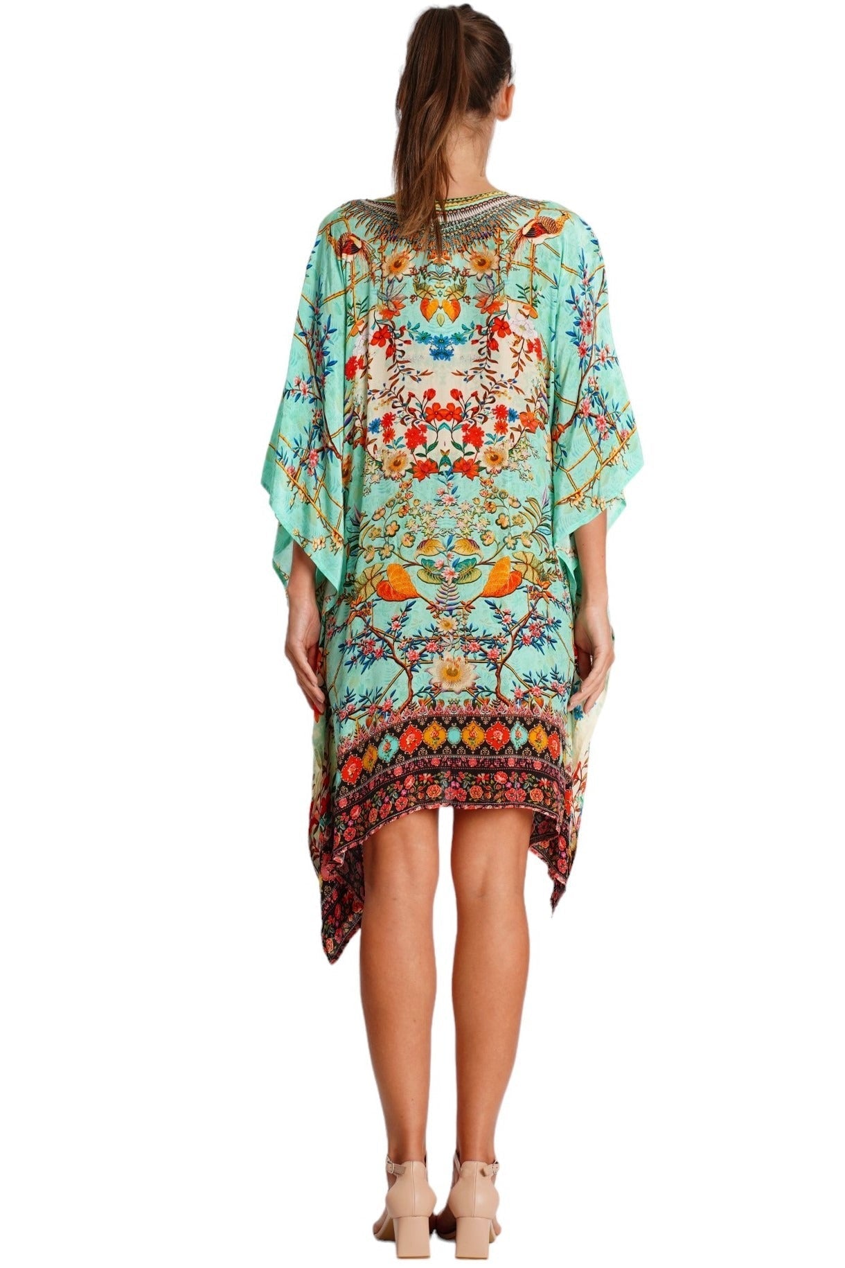 Exotic animal-print kaftan dress, shown from another angle
