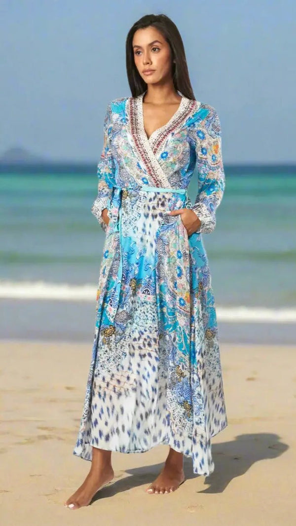 Wrap maxi dress with a tie waist, cut for warm-weather beach and resort days
