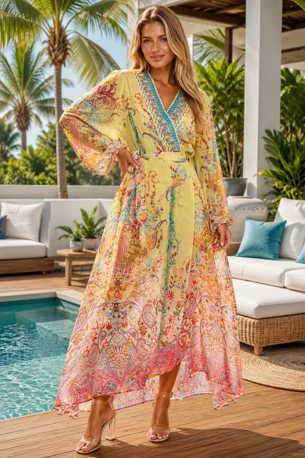 Floral Maxi Wrap Dress - Premium Resort Wear | Luxury Maxi Dress for Vacation & Cruise | Club Moda