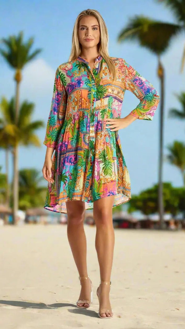 Floral print dress with a button front, cut for warm-weather beach and resort days